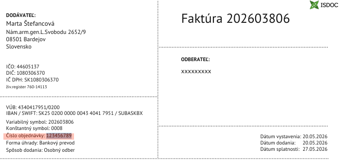 Ukážka čísla objednávky na faktúre